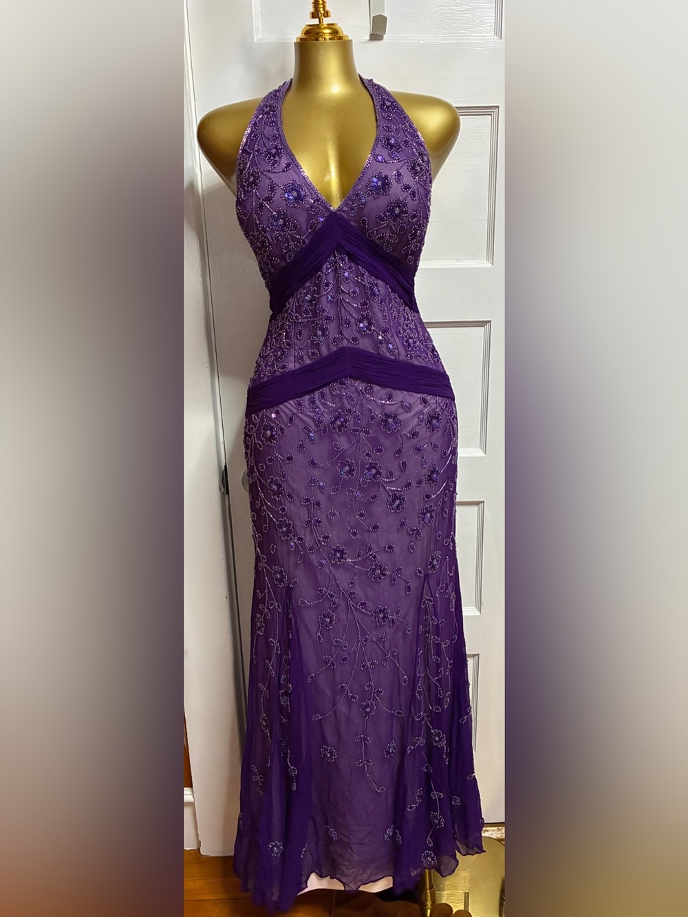 Vintage Y2K Sean Collection Purple Silk Beaded Halter Formal Gown - Size M